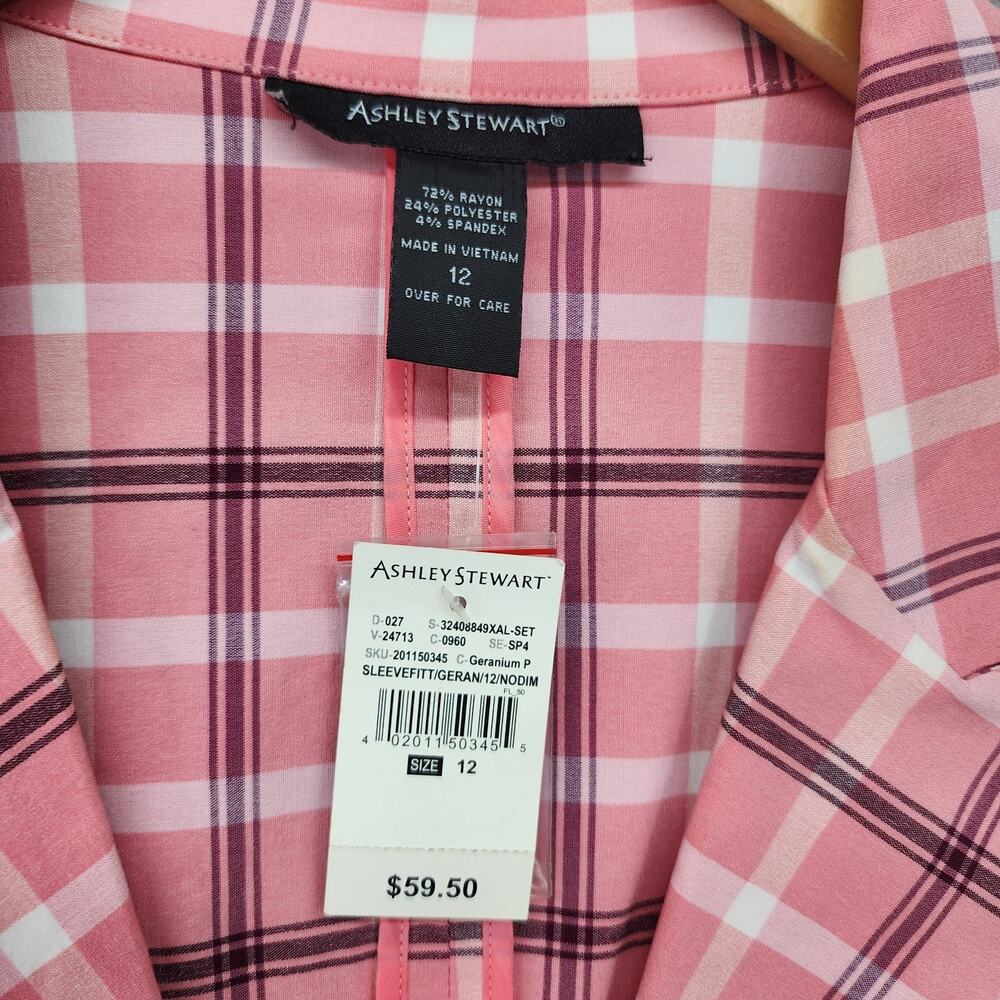 NWT Ashley Stewart Blazer Women 12 Pink Plaid Stretch Button Jacket Work Career - Picture 8 of 12